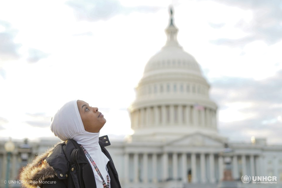 Somali refugee Habso Mohamud stands outside of the U S Capitol Building