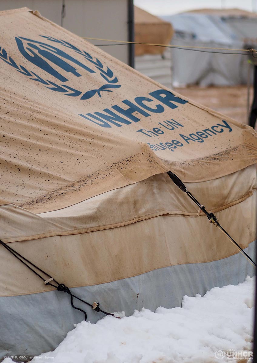 A UNHCR tent in the snow