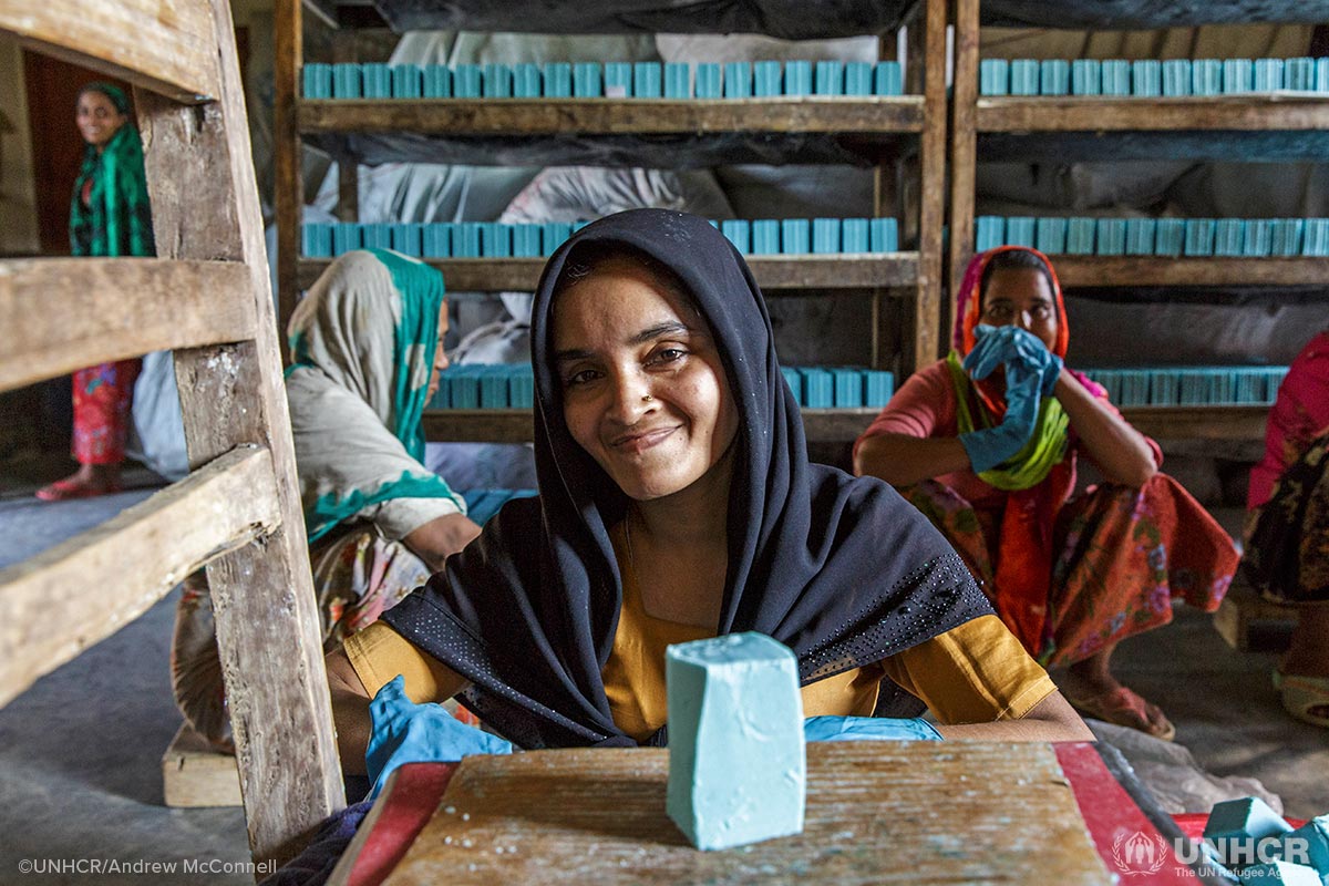 Amena, 33, works in a soap factory in Nayapara refugee camp, Bangladesh.
