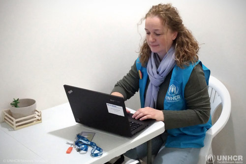 Senior Community-Based Protection Assistant Theodora Tsovili at the UNHCR Branch Office in Athens.