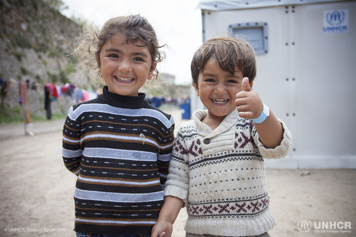 Brother and sister from Iraq at the temporary accommodation site in Souda.