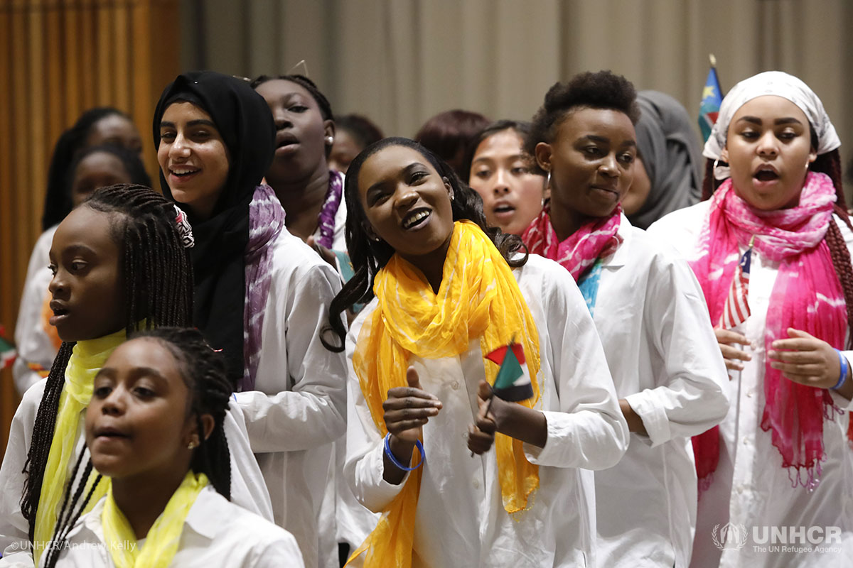 The Pihcintu Refugee Youth Choir, comprising 34 girls and young women from refugee backgrounds, sings at the Global Compact on Refugees meeting at the UN Headquarters in New York.