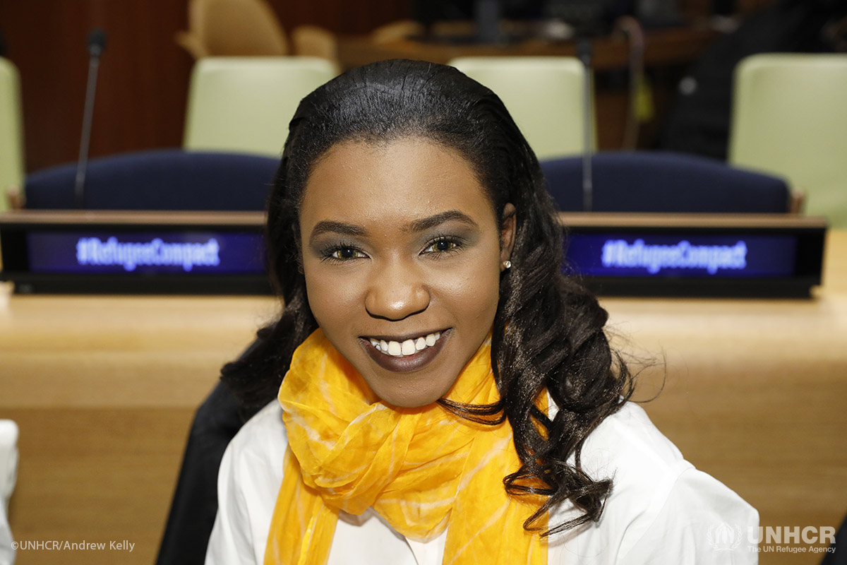 A singer from the Pihcintu Refugee Youth Choir, comprising 34 girls and young women from refugee backgrounds, has her picture taken after performing at the Global Compact on Refugees meeting at the UN Headquarters in New York.