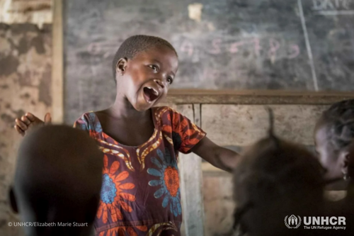 Six-year-old Gambolipai Martha leads the other children in a song during a pre-school class at Makpandu refugee settlement in South Sudan.