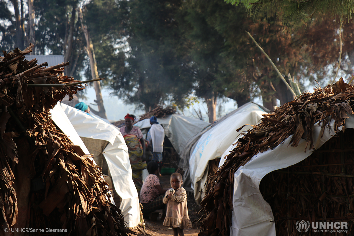 A young girl stands beside emergency shelters for recently displaced people at a site in Masisi, North Kivu