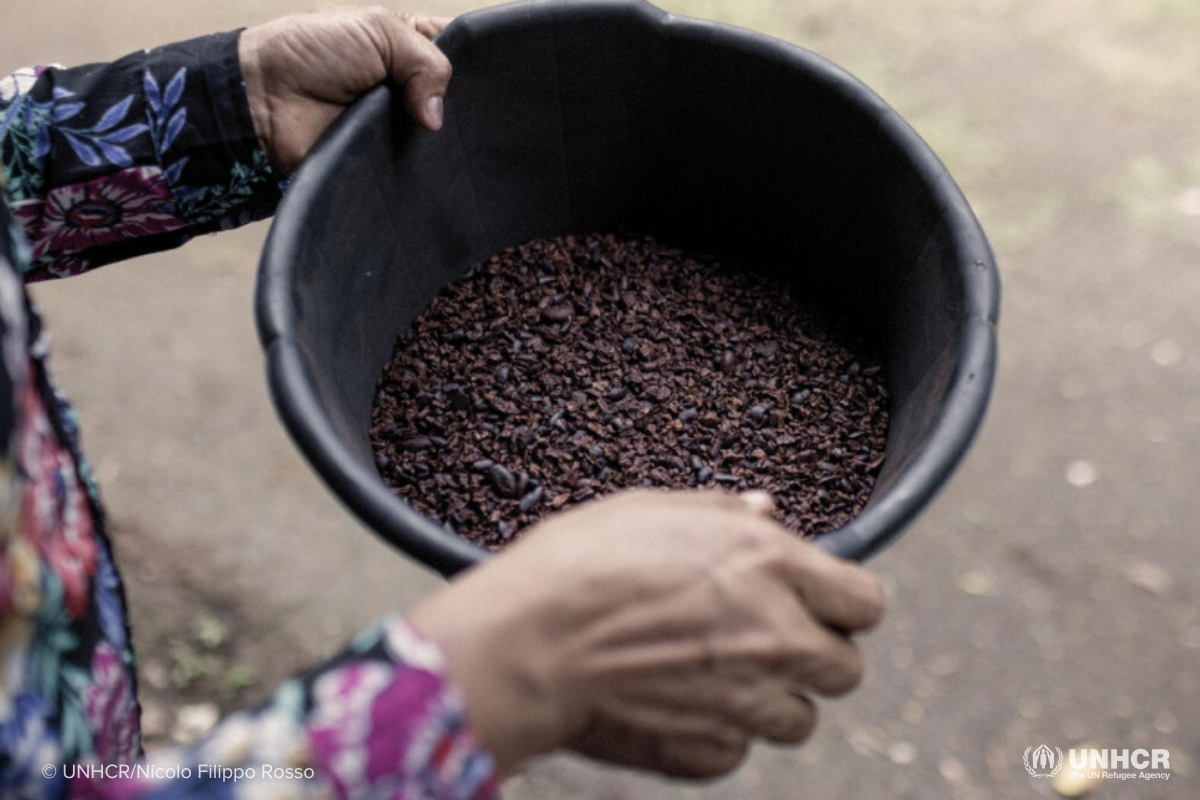 Carmen,* a 38-year-old asylum seeker from Nicaragua, holds dried cacao beans she has separated from their skins - one step in the process of turning them into chocolate.  © UNHCR/Nicolo Filippo Rosso
