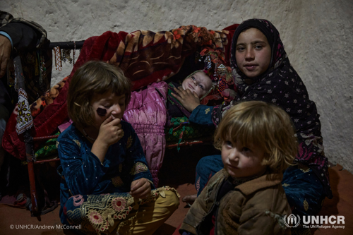 Siblings Razgul, Fauzia and Aseela with their six-month-old nephew Umaid in their temporary accommodation in Kabul.
