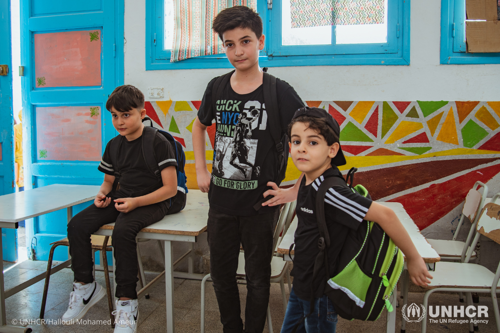 Hassen and his three brothers in a classroom in the Sheera Bourguiba Primary School in Zarzis.