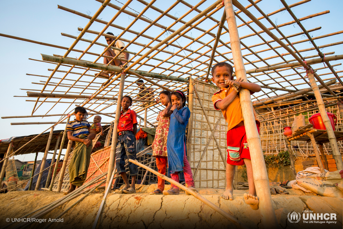 Rohingya refugees prepare for the monsoon by building new reinforced shelters with materials supplied by UNHCR.