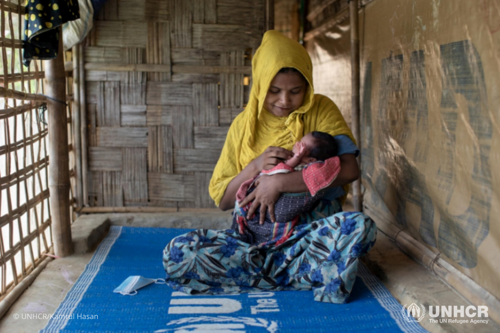 New mother Hamida Khatun at her shelter in Kutupalong camp for Rohingya refugees in Cox’s Bazar, Bangladesh.