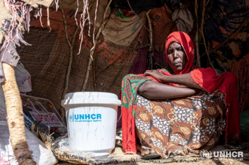 Ardo, a mother of four, sits inside her makeshift shelter in Mara-gaajo displacement site in Ethiopia’s Somali region.