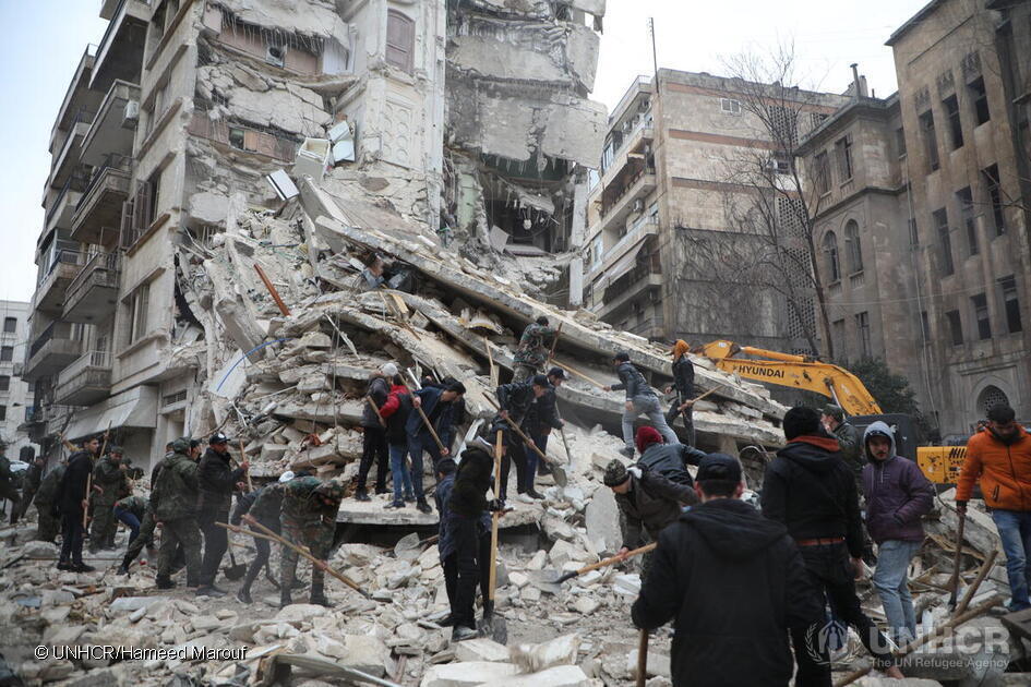 Rescue teams search for survivors in the ruins of a building in the Al-Aziziyeh neighborhood of Aleppo, Syria, where those affected include families already displaced by the country’s long-running crisis.