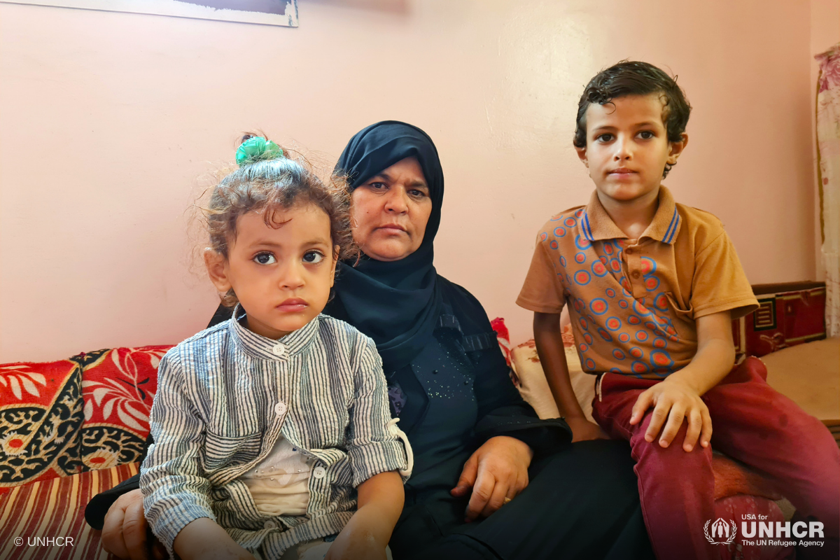 Internally displaced mother Mariam and her grandchildren at their home in Marib. Civilians at risk from escalating fighting in Marib