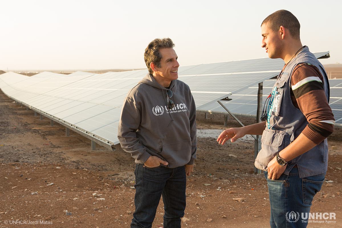 ben stiller visiting a solar panel field in azraq refugee camp