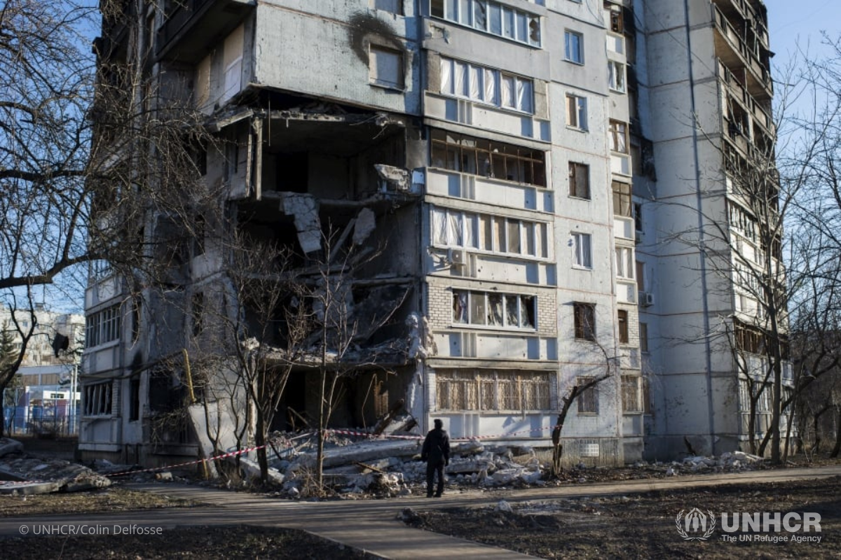 Damaged residential buildings in Saltivskyi residential area, Kharkiv city.